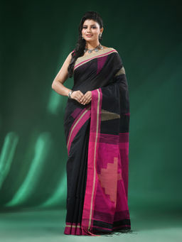 Angoshobha - Black Body Ganga Jamuna Border Blended Cotton Handloom Saree with Unstitched Blouse