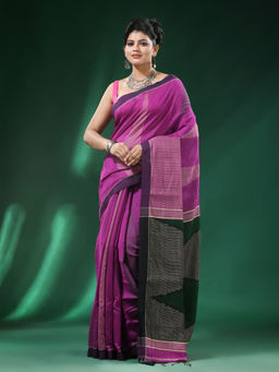 Angoshobha - Purple Body Black Border Cotton Blended Handloom Saree with Unstitched Blouse