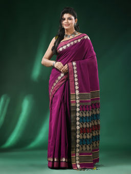 Angoshobha - Purple Body Kalka Design in Pallu Plain Border Blended Handloom Saree with Unstitched Blouse