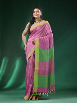 Angoshobha - Purple Body Mustard Border Blended Cotton Handloom Saree with Unstitched Blouse