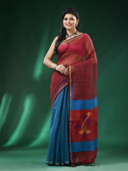 Angoshobha - Red On Body Golden Zari Border Blended Cotton Handloom Saree with Unstitched Blouse