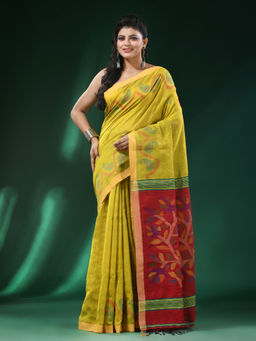 Angoshobha - Yellow Body Border Blended Cotton Handloom Saree with Unstitched Blouse
