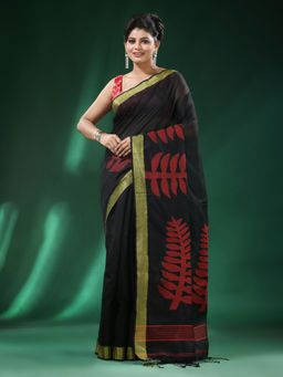 Angoshobha - Black Body Pallu Added Golden Border Blended Cotton Handloom Saree with Unstitched Blouse
