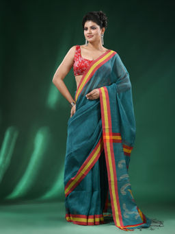 Angoshobha - Blue Body Pallu Border Blended Cotton Handloom Saree with Unstitched Blouse