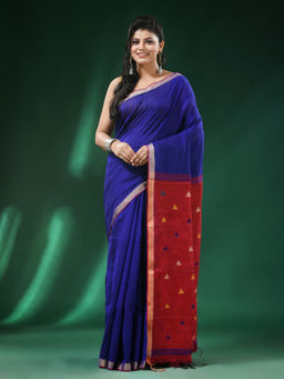 Angoshobha - Blue Body Triangular Motifs Border Blended Handloom Saree with Unstitched Blouse