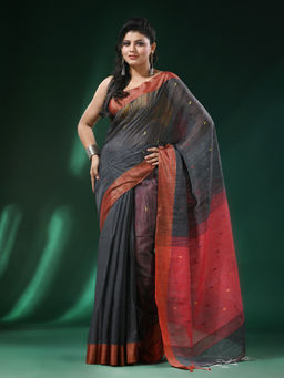 Angoshobha - Grey Steel Body Motifs Border Blended Cotton Handloom Saree with Unstitched Blouse