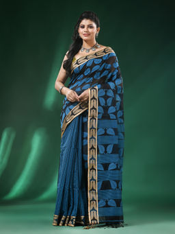 Angoshobha - Blue Body Leaf Design Golden Intricate Border Cotton Handloom Saree with Unstitched Blouse