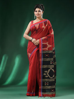 Angoshobha - Red Combination Body Border Cotton Blended Handloom Saree with Unstitched Blouse