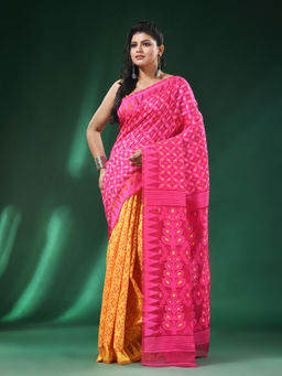 Angoshobha - Light Pink Body Ribbon Border Cotton Blended Handloom Saree with Unstitched Blouse