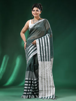 Angoshobha - Green Silver Body with Silver Border Blended Handloom Saree with Unstitched Blouse
