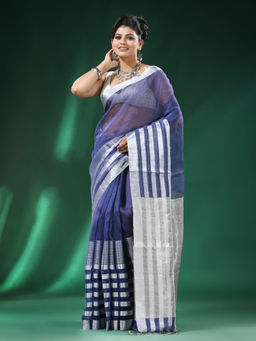 Angoshobha - Purple Silver Body with Silver Border Blended Handloom Saree with Unstitched Blouse