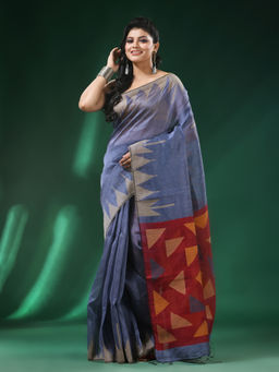 Angoshobha - Purple Temple Border Blended Handloom Saree with Unstitched Blouse