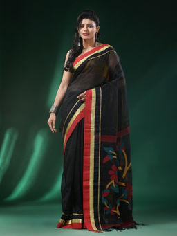 Angoshobha - Black Body Border Tree Design Pallu Silk Linen Handloom Saree with Unstitched Blouse