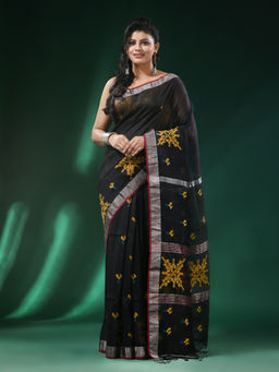 Angoshobha - Black Body Border Silk Linen Handloom Saree with Unstitched Blouse