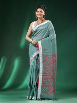 Angoshobha - Green Body Intricate Design Border Silk Linen Handloom Saree with Unstitched Blouse