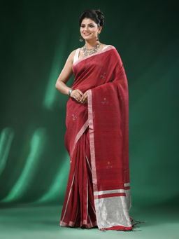 Angoshobha - Red Body Silver Border Pure Silk Linen Handloom Saree with Unstitched Blouse
