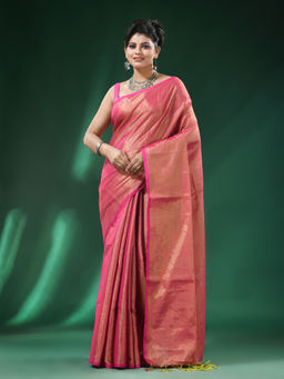 Angoshobha - Pink Body Border Tissue Haanwoven Handloom Saree with Unstitched Blouse