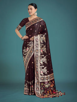 Monjolika Fashion - Maroon Gorgeous Woven Designer Satin Silk Banarasi Saree with Unstitched Blouse