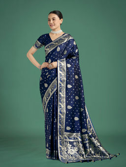 Monjolika Fashion - Blue Traditional Woven Banarasi Satin Silk Saree with Unstitched Blouse