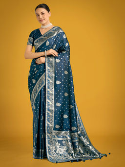 Monjolika Fashion - Teal Traditional Woven Banarasi Satin Silk Saree with Unstitched Blouse