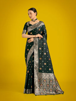 Monjolika Fashion - Dark Green Soft Banarasi Zari Woven Satin Silk Saree with Unstitched Blouse