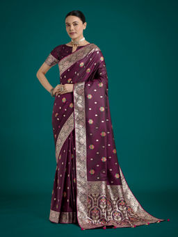 Monjolika Fashion - Wine Charming Soft Banarasi Zari Woven Designer Satin Silk Saree with Unstitched Blouse