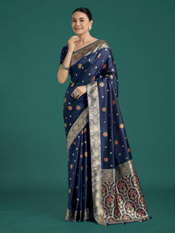 Monjolika Fashion - Navy Blue Banarasi Zari Woven Designer Satin Silk Saree with Unstitched Blouse