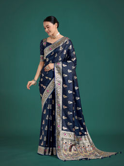 Monjolika Fashion - Blue Banarasi Satin Silk Designer Zari Weaving Saree with Unstitched Blouse