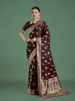 Monjolika Fashion - Maroon Banarasi Satin Silk Designer Zari Weaving Saree with Unstitched Blouse