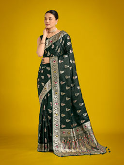 Monjolika Fashion - Green Banarasi Satin Silk Designer Zari Weaving Saree with Unstitched Blouse