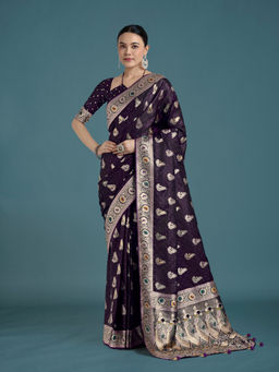 Monjolika Fashion - Purple Banarasi Satin Silk Designer Zari Weaving Saree with Unstitched Blouse
