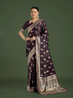 Monjolika Fashion - Wine Banarasi Satin Silk Designer Zari Weaving Saree with Unstitched Blouse