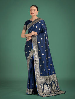 Monjolika Fashion - Blue Banarasi Satin Silk Intricate Zari Work Saree with Unstitched Blouse