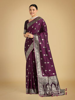 Monjolika Fashion - Wine Banarasi Satin Silk Intricate Zari Work Saree with Unstitched Blouse