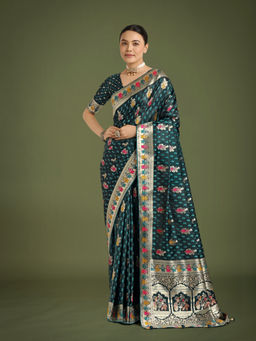 Monjolika Fashion - Green Gold Bordar Banarasi Zari Woven Satin Saree with Unstitched Blouse