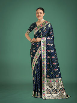 Monjolika Fashion - Blue Gold Bordar Banarasi Zari Woven Satin Saree with Unstitched Blouse