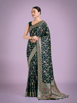 Monjolika Fashion - Dark Green Zari Woven Banarasi Classic Satin Silk Saree with Unstitched Blouse