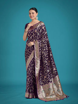Monjolika Fashion - Dark Purple Zari Woven Banarasi Classic Satin Silk Saree with Unstitched Blouse
