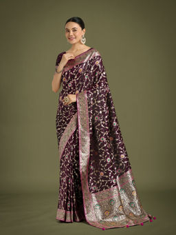 Monjolika Fashion - Wine Zari Woven Banarasi Classic Satin Silk Saree with Unstitched Blouse