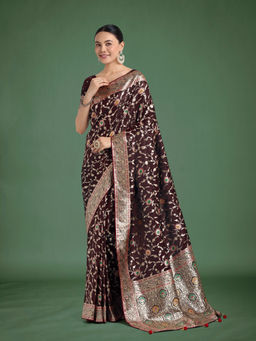 Monjolika Fashion - Maroon Zari Woven Banarasi Classic Satin Silk Saree with Unstitched Blouse