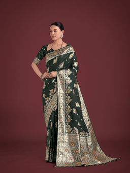 Monjolika Fashion - Dark Green Glamour Tradition Zari Woven Banarasi Satin Silk Saree with Unstitched Blouse