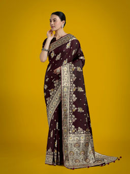 Monjolika Fashion - Maroon Glamour Tradition Zari Woven Banarasi Satin Silk Saree with Unstitched Blouse