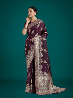 Monjolika Fashion - Wine Glamour Tradition Zari Woven Banarasi Satin Silk Saree with Unstitched Blouse