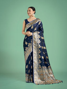 Monjolika Fashion - Blue Glamour Tradition Zari Woven Banarasi Satin Silk Saree with Unstitched Blouse