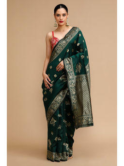 Mysilklove - Bottle Green Woven Jacquard Lichi Silk Handloom Saree with Unstitched Blouse