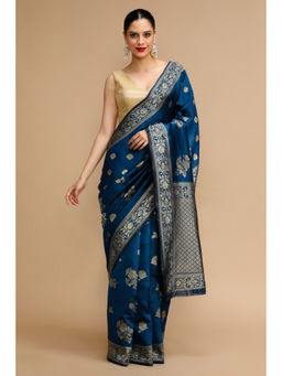 Mysilklove - Bismark Blue Woven Jacquard Lichi Silk Handloom Saree with Unstitched Blouse