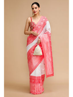 Mysilklove - White Woven Jacquard Lichi Silk Handloom Saree with Unstitched Blouse