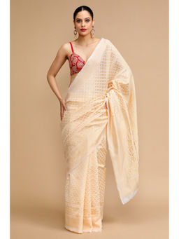 Mysilklove - Almond Cream Woven Jacquard Lichi Silk Handloom Saree with Unstitched Blouse