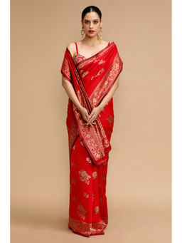 Mysilklove - Vermilion Red Woven Jacquard Lichi Silk Handloom Saree with Unstitched Blouse