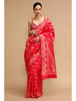 Mysilklove - Ruby Red Woven Jacquard Lichi Silk Handloom Saree with Unstitched Blouse